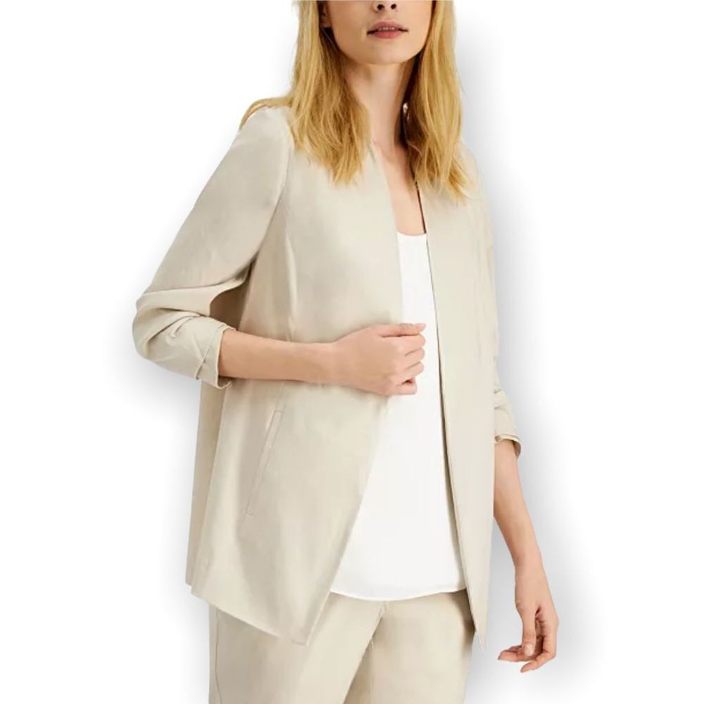Alfani Ruched-Sleeve Open-Front Blaze Polished Beige L‎